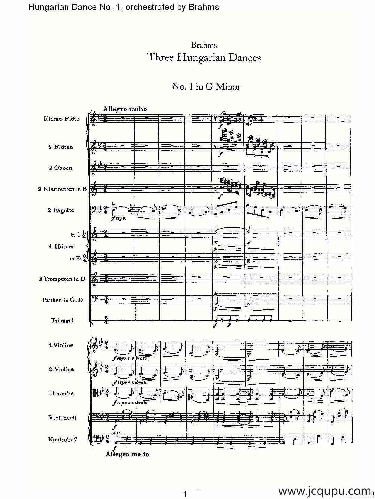 第一匈牙利舞曲 勃拉姆斯管弦乐曲式简谱