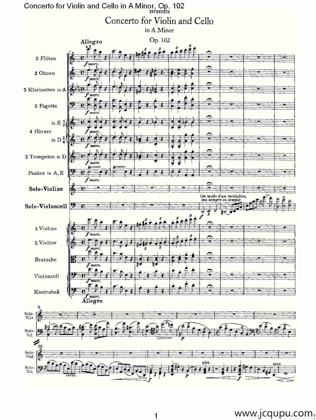 A小调小提琴与大提琴协奏曲, Op.102第一乐章简谱