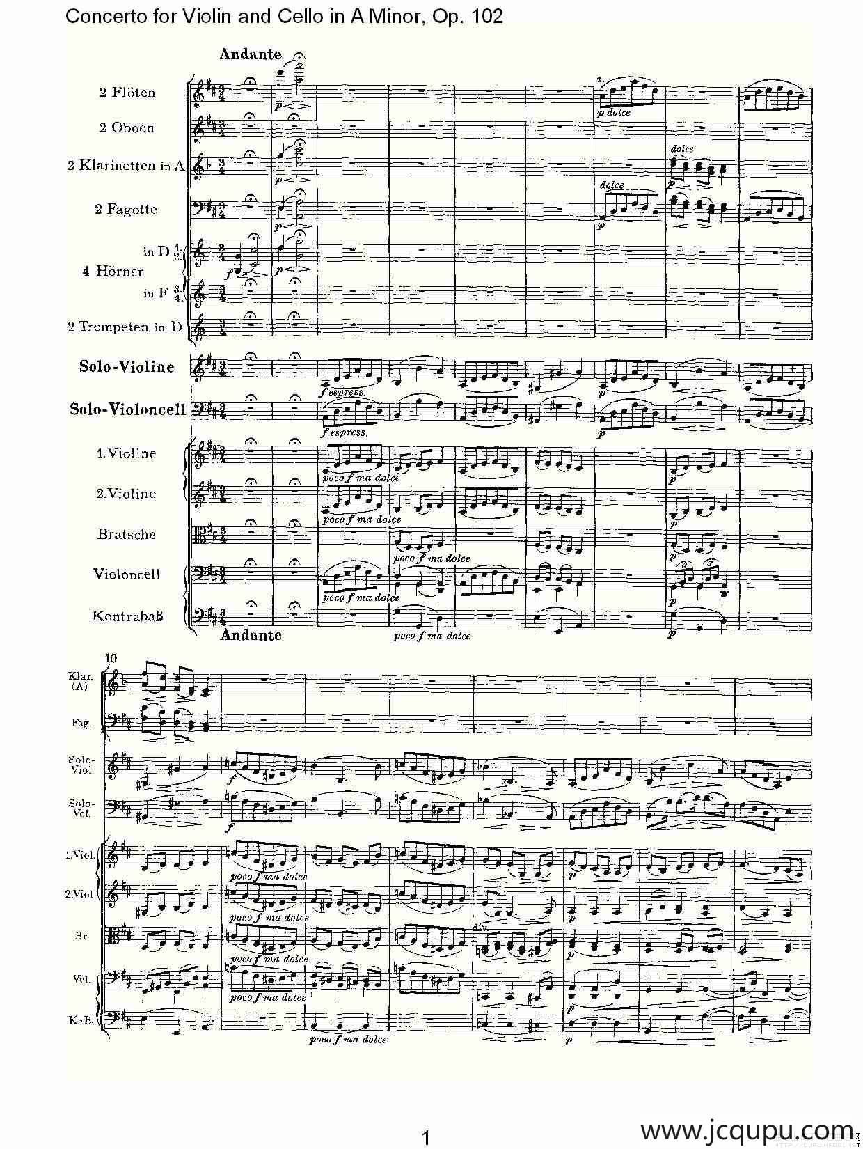 A小调小提琴与大提琴协奏曲, Op.102第二乐章简谱