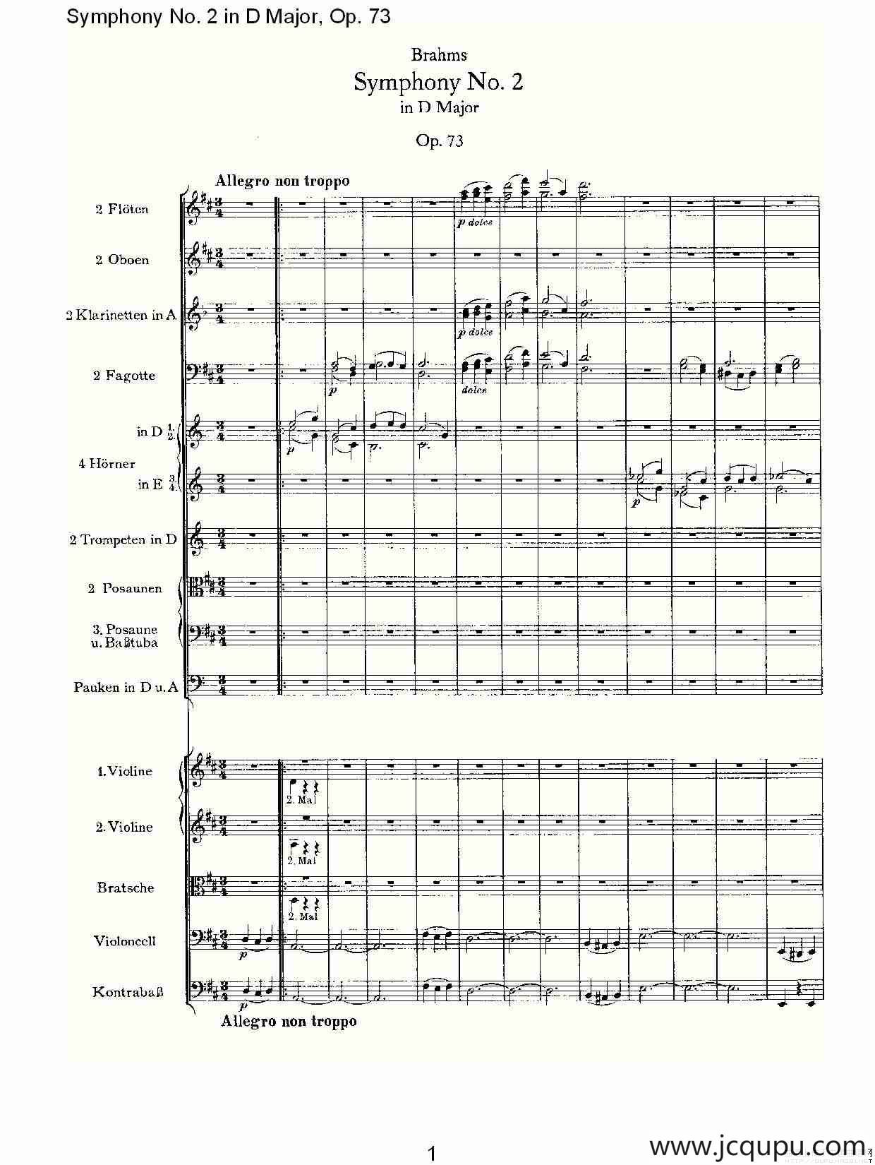 D大调第二交响曲, Op.73第一乐章简谱
