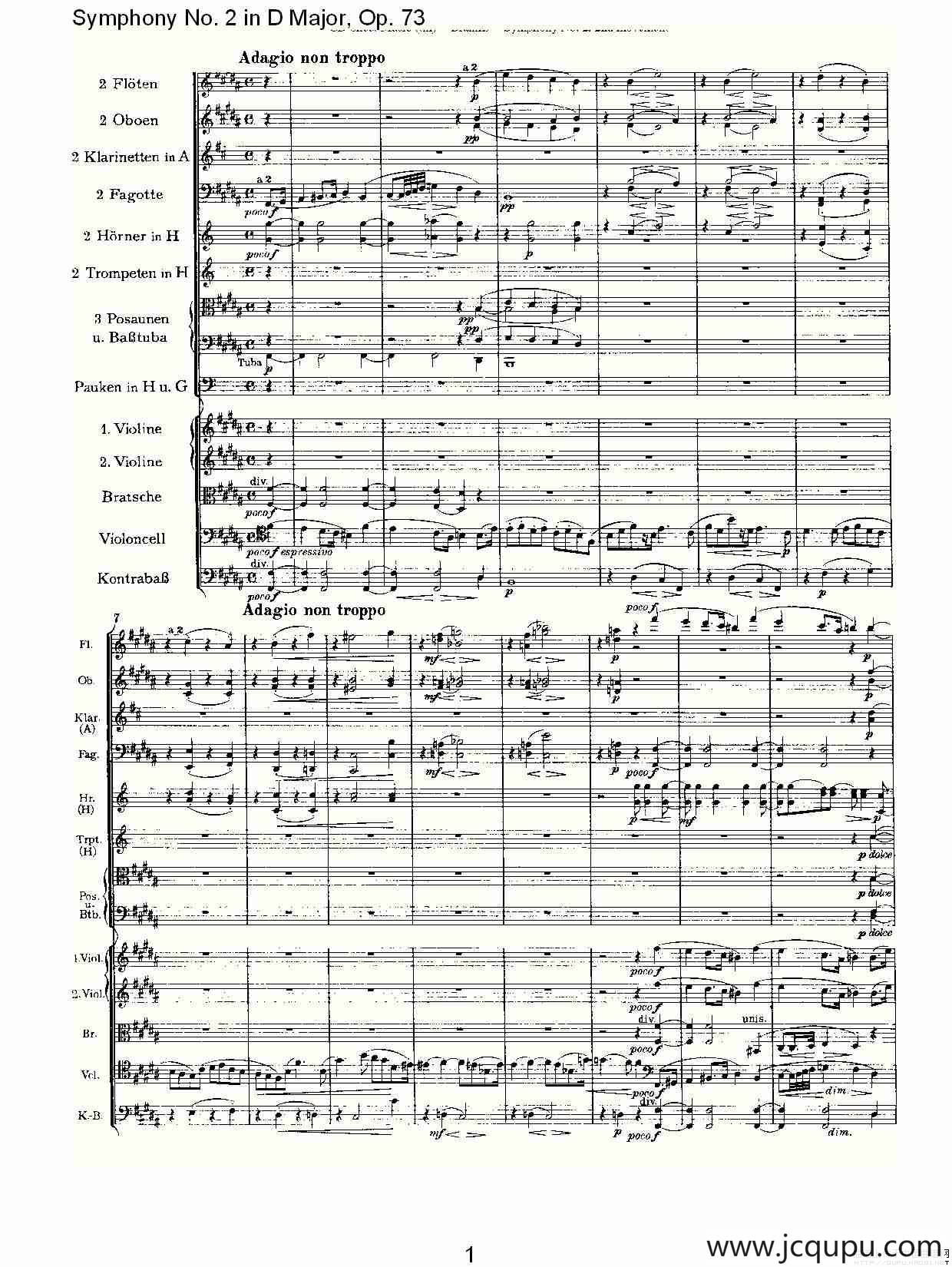 D大调第二交响曲, Op.73第二乐章简谱