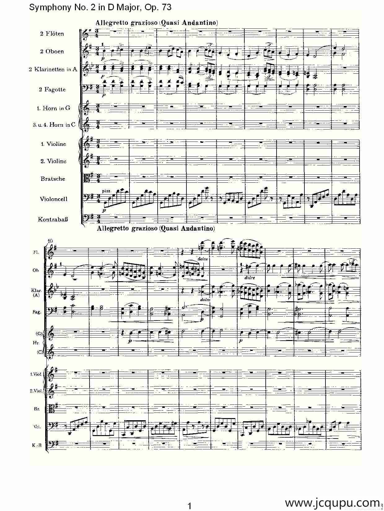 D大调第二交响曲, Op.73第三乐章简谱