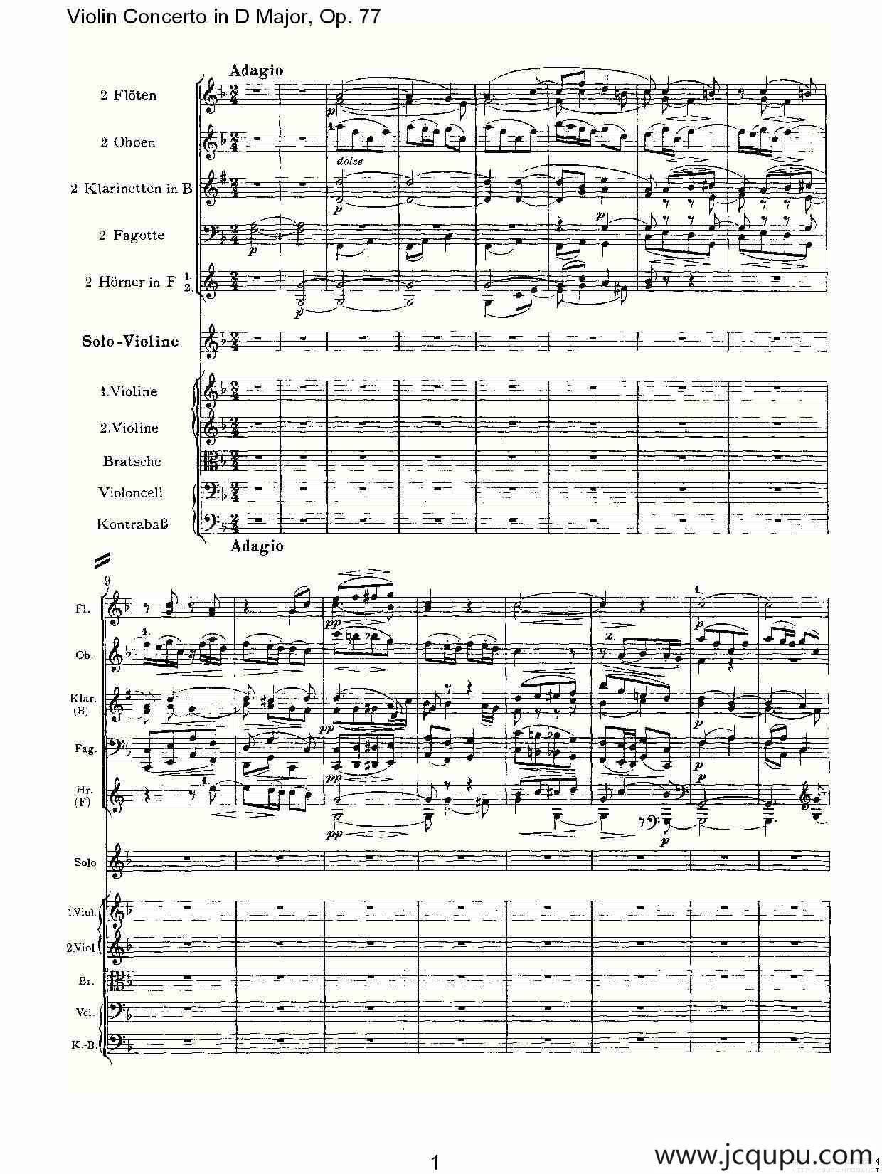 D大调小提琴协奏曲, Op.77第二乐章简谱