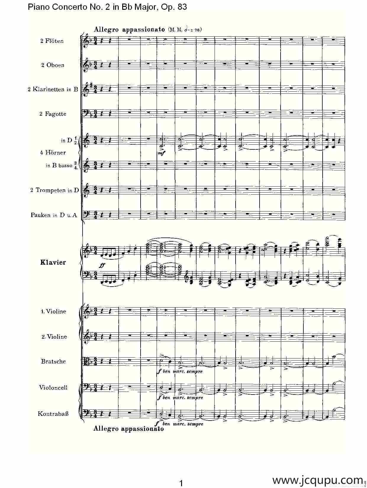 Bb大调钢琴第二协奏曲, Op.83第二乐章简谱