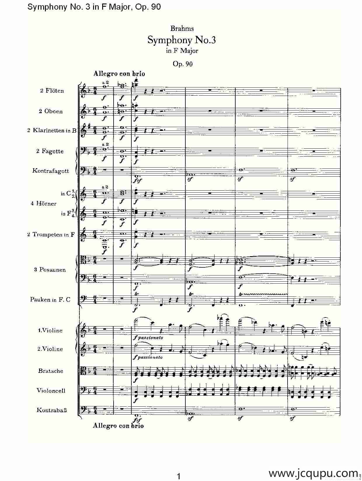 F大调第三交响曲, Op.90第一乐章简谱