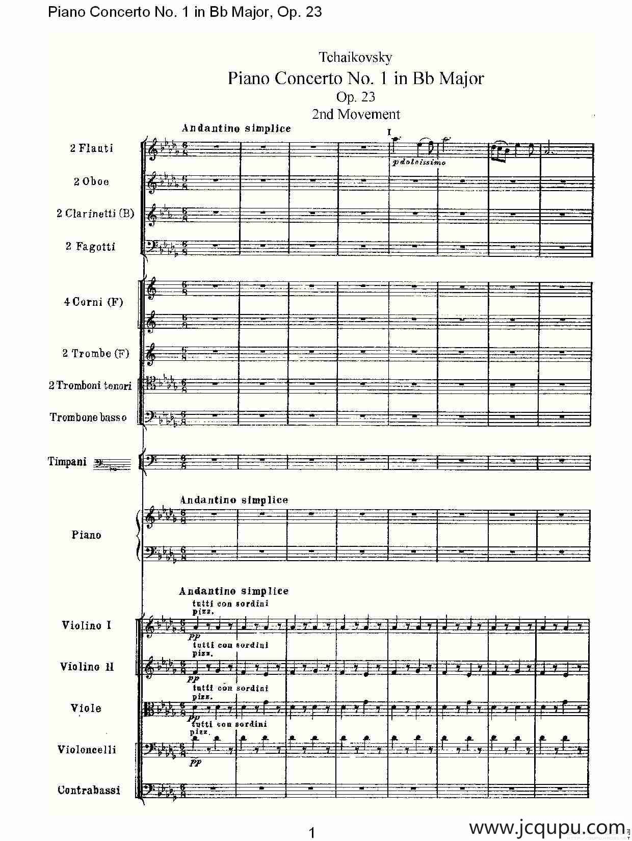 Bb大调第一钢琴协奏曲,Op.23第二乐章简谱