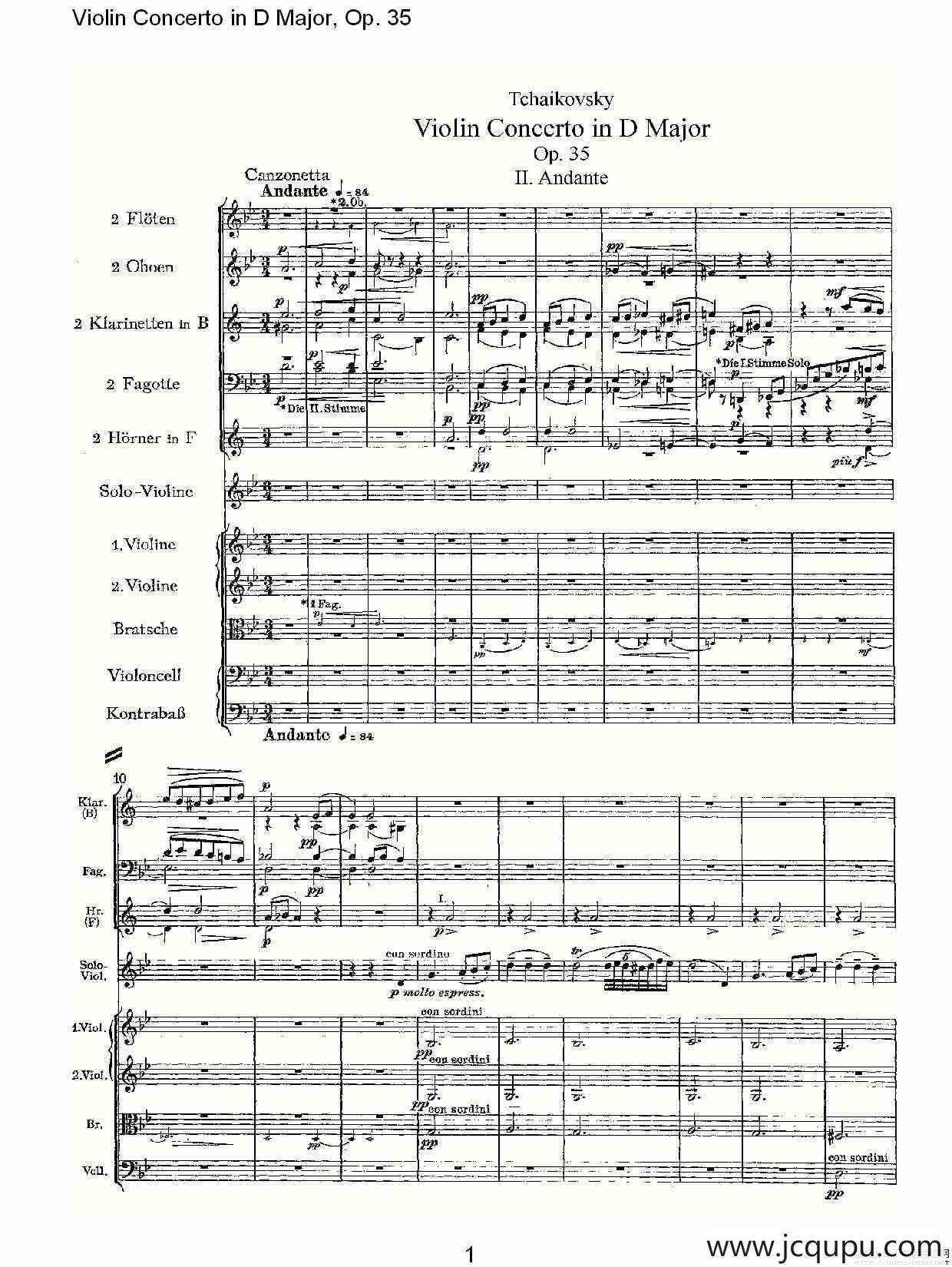 D大调小提琴协奏曲, Op.35第二乐章简谱