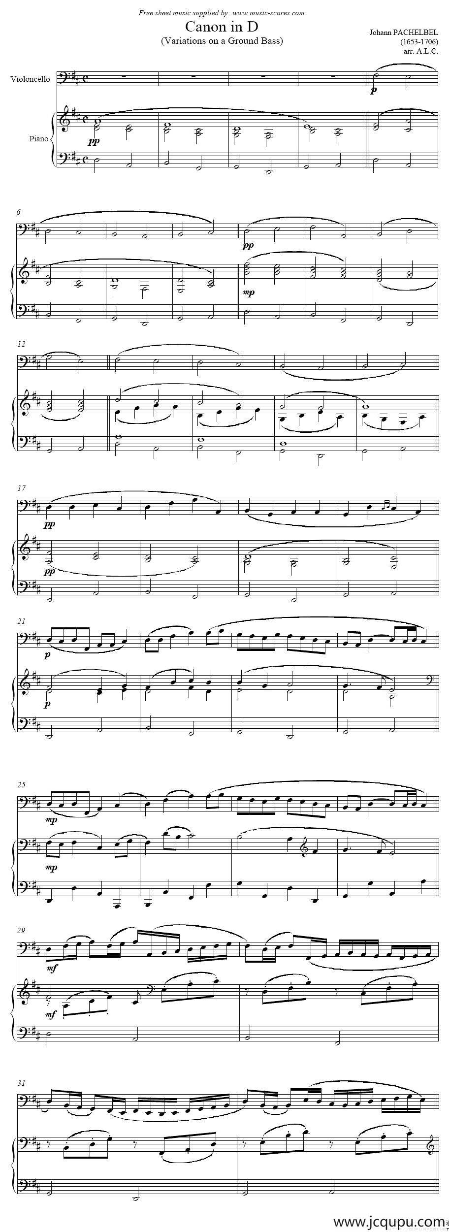 Canon in D（大提琴+钢琴伴奏）简谱