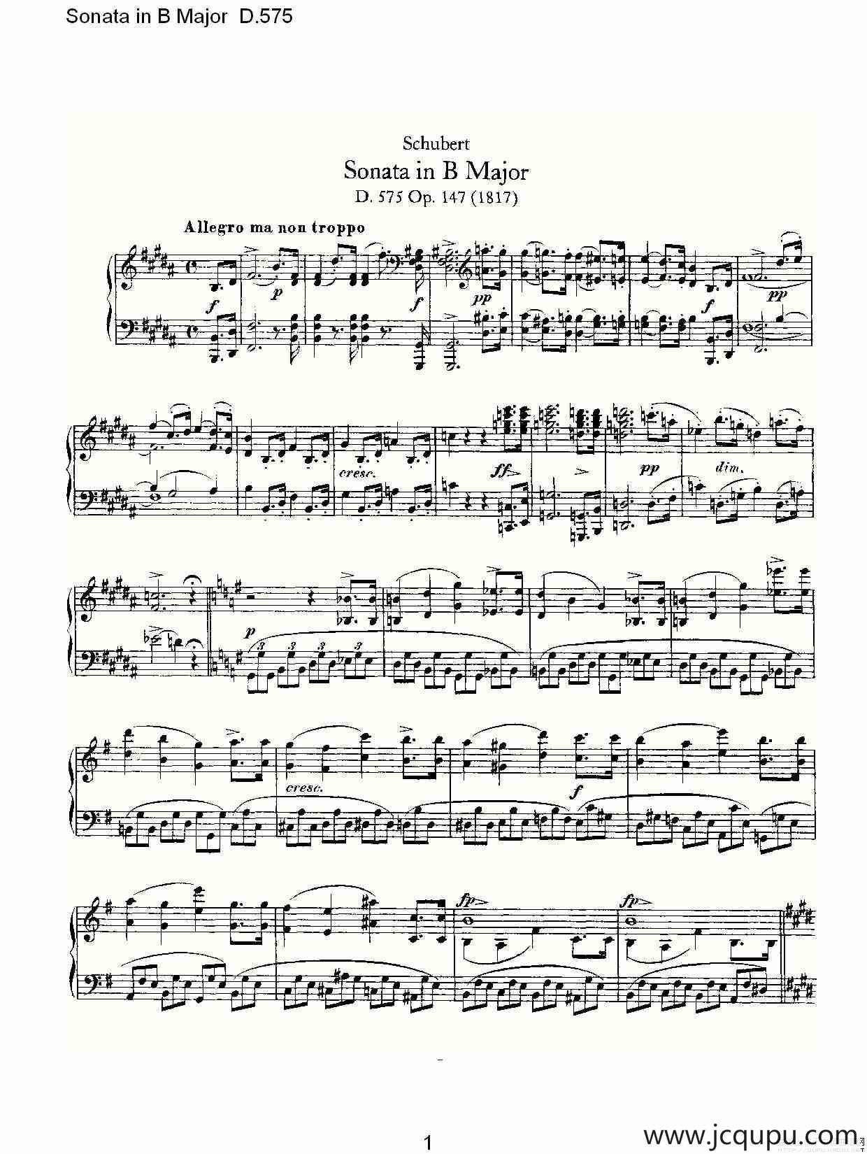 Sonata in B Major D.575（B大调奏鸣曲 D.575）简谱