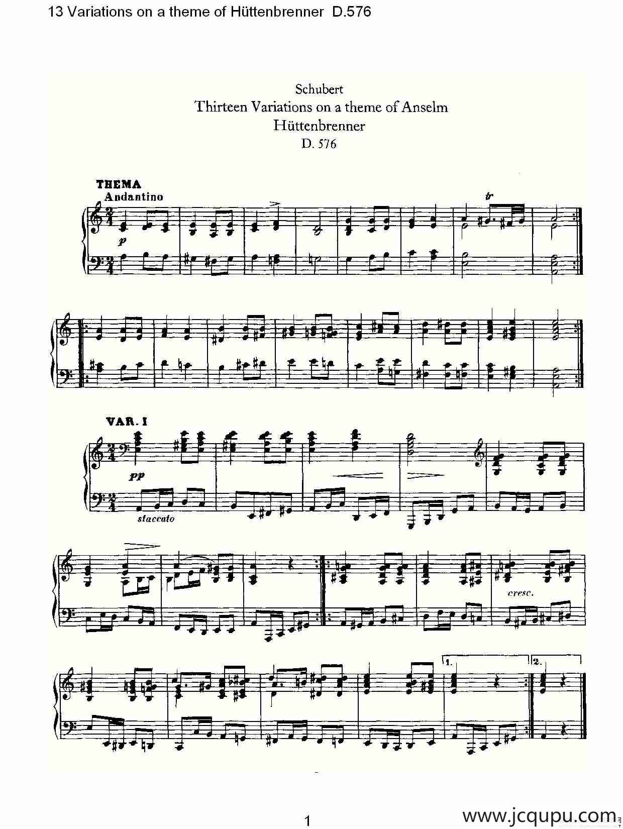 13 Variations on a theme of Hüttenbrenner D.576（主）简谱