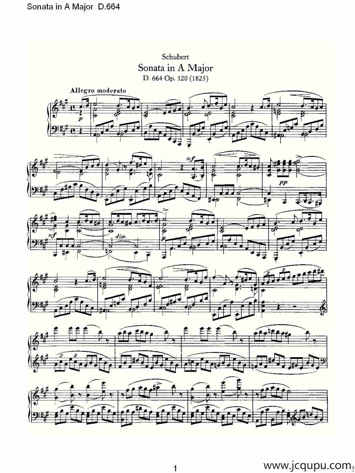 Sonata in A Major D.664（A大调奏鸣曲D.664）简谱