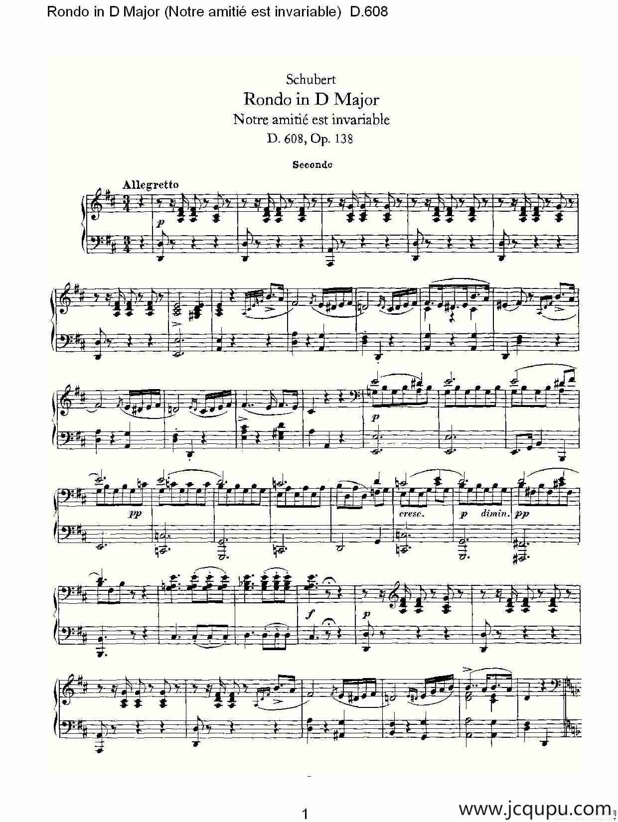 Rondo in D Major（Notre amitié est invariable) D.6）简谱