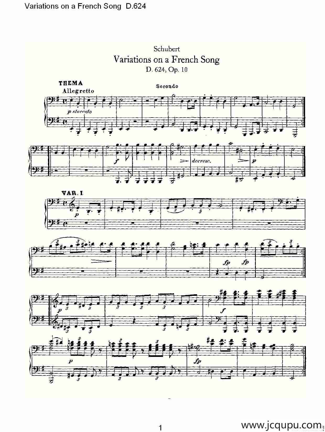 Variations on a French Song D.624（法国歌曲变鸣曲 D.624）简谱