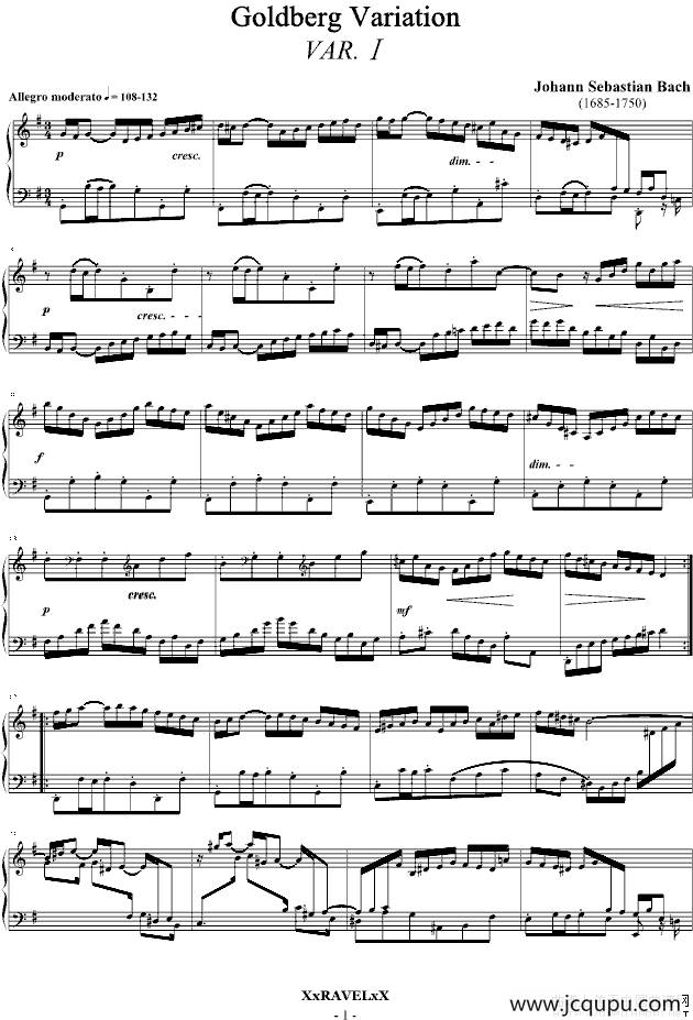 Goldberg Variation（哥德堡变奏曲-Var.1）简谱