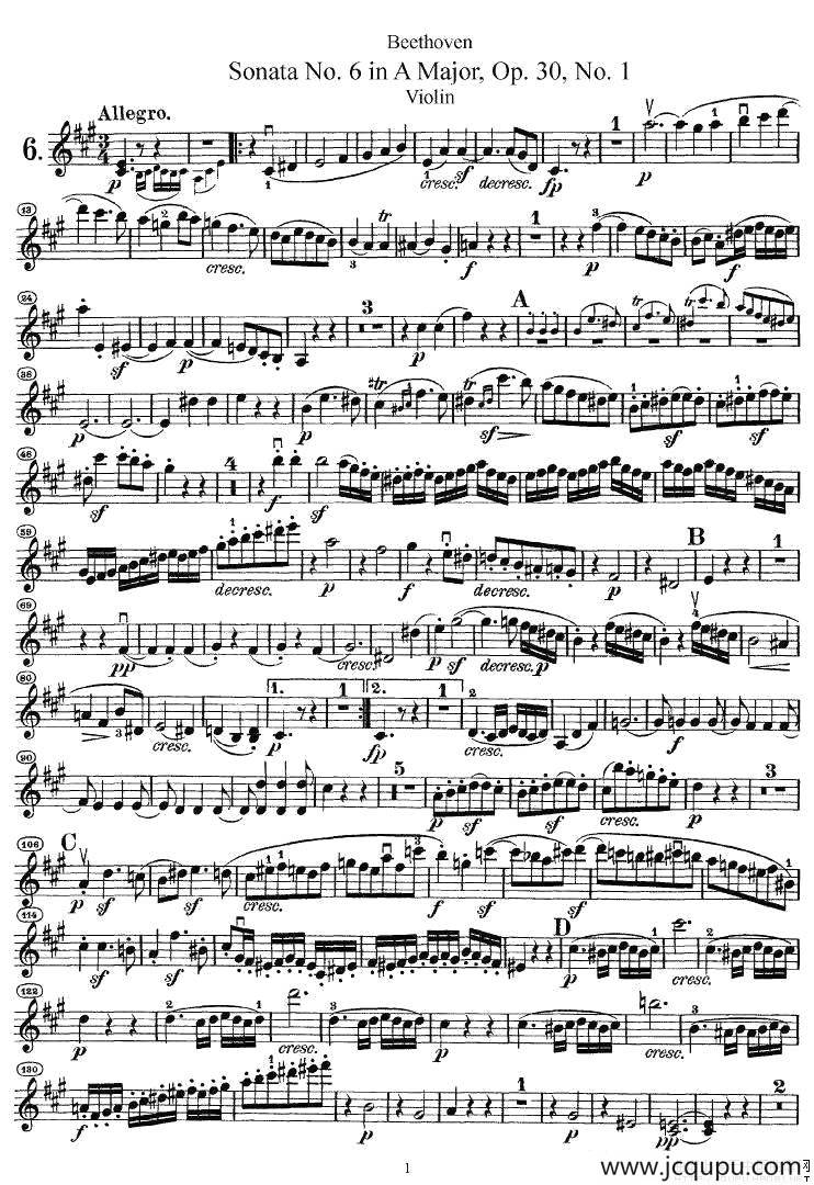 Sonata No.6 in A Major，Op.30，No.1（第六号小提琴奏鸣曲A大调op.）简谱