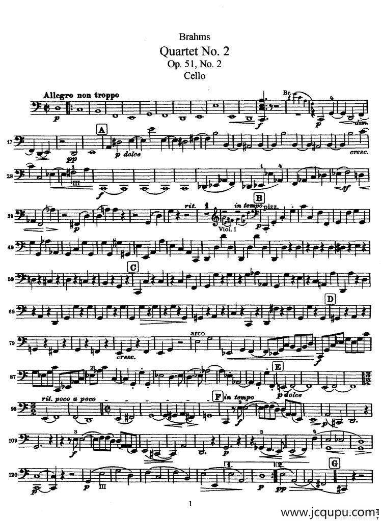 勃拉姆斯《Quartet No.2》Op.51（大提琴谱）简谱