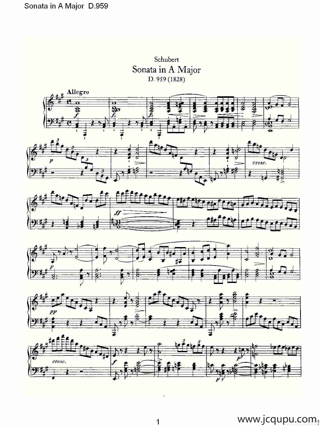 Sonata in A Major D.959（A大调奏鸣曲 D.959）简谱