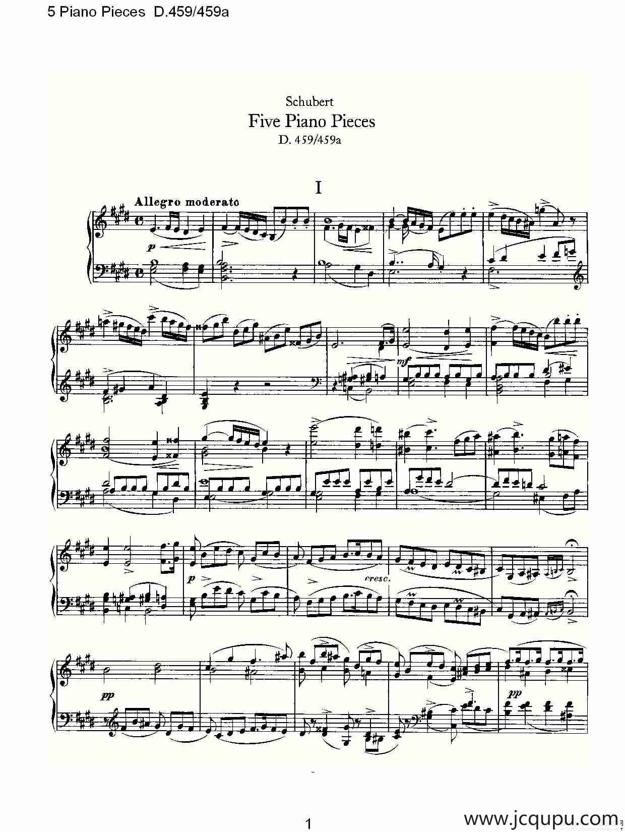 5 Piano Pieces D.459/459a（钢琴五联奏D.459/459a）简谱