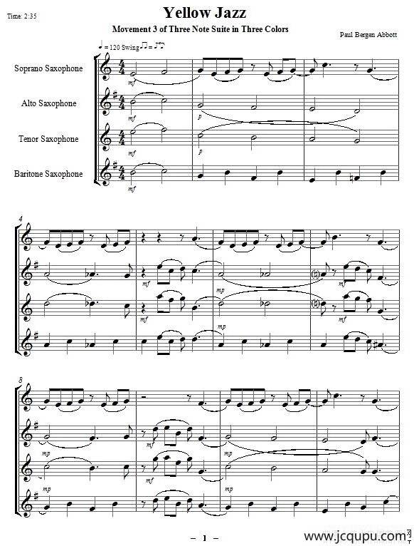 Yellow Jazz（saxophone quartet、四重奏）简谱