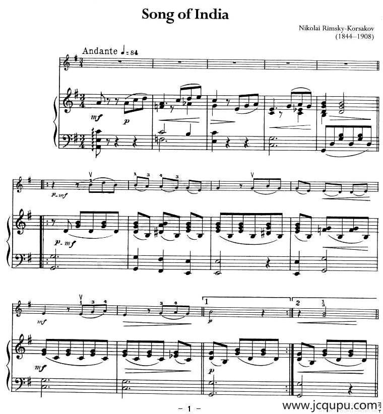 Song of India（小提琴+钢琴）简谱