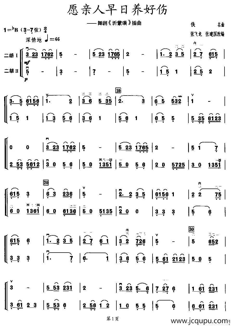 愿亲人早日养好伤（二胡二重奏）简谱