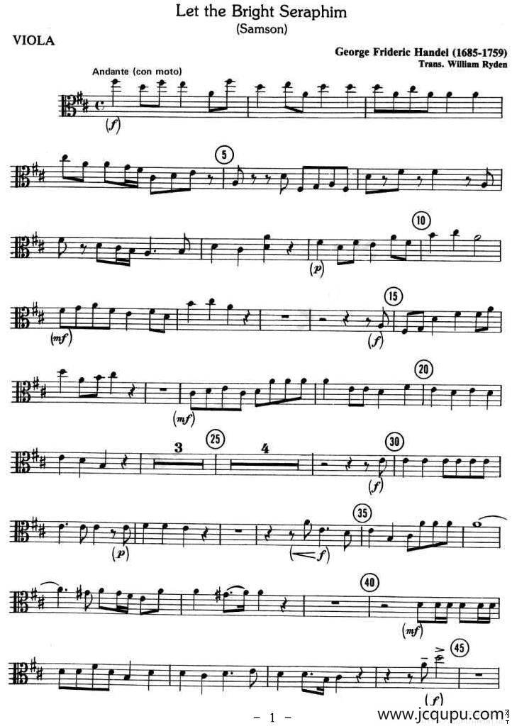 LET THE BRIGHT SERAPHIM（四重奏中提琴分谱）简谱