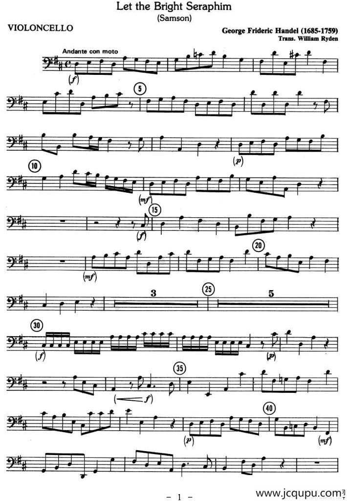 LET THE BRIGHT SERAPHIM（四重奏大提琴分谱）简谱