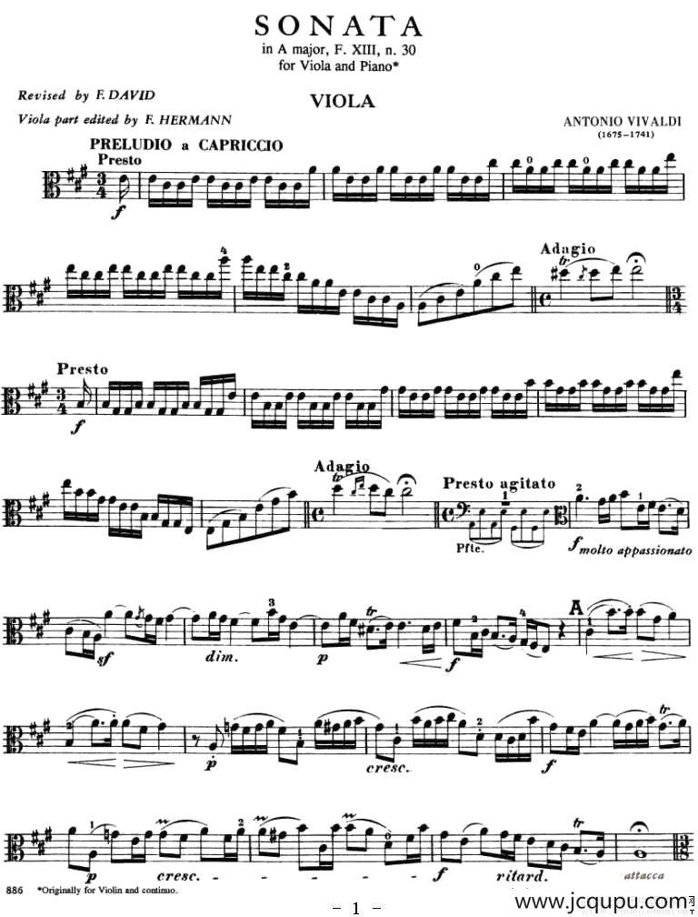 SONATA in A Major（中提琴谱）简谱