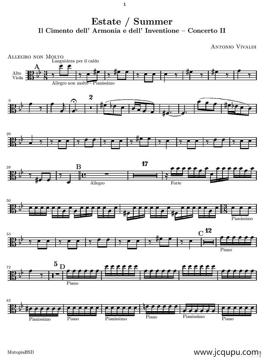 维瓦尔第“四季套曲”之夏（中提琴谱）简谱