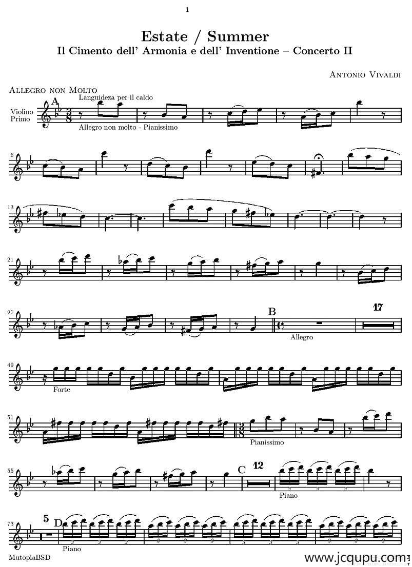 维瓦尔第“四季套曲”之夏（第一小提琴谱）简谱