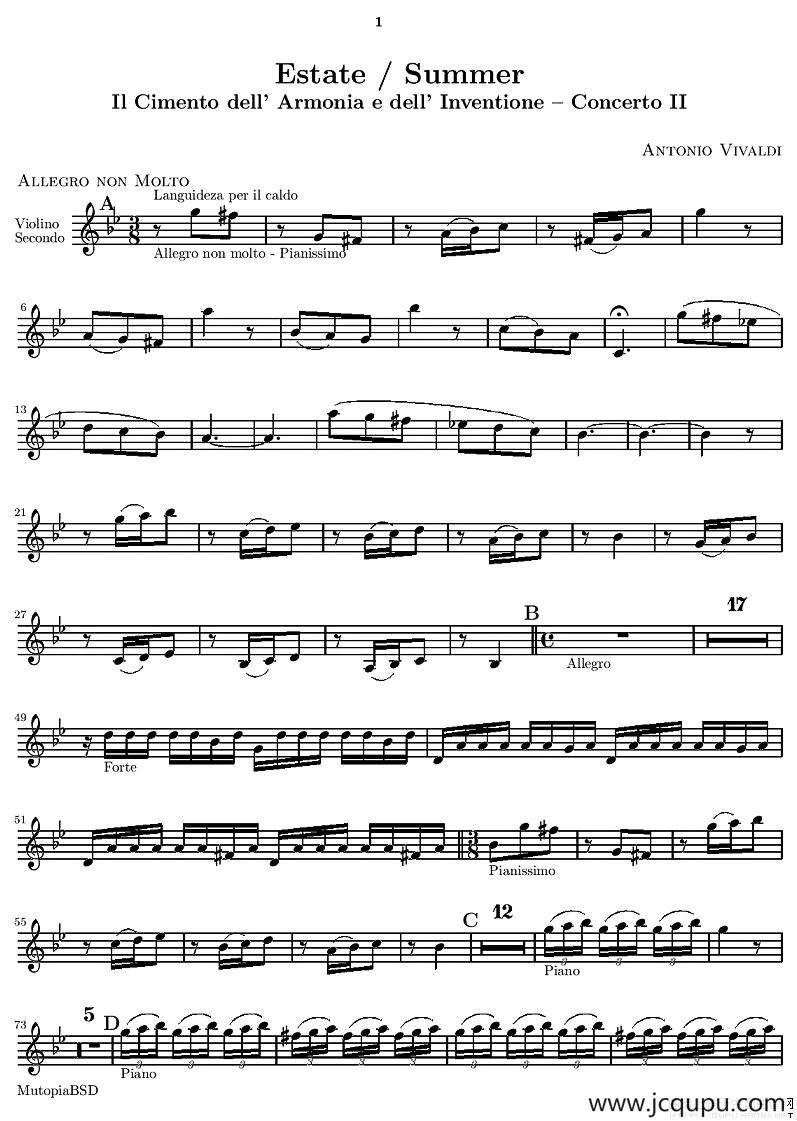 维瓦尔第“四季套曲”之夏（第二小提琴谱）简谱