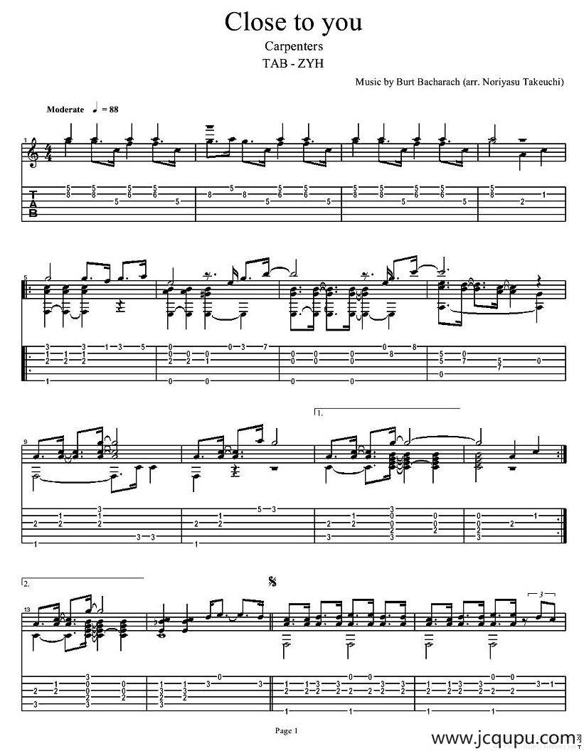 Close to you -Carpenters（指弹谱）简谱