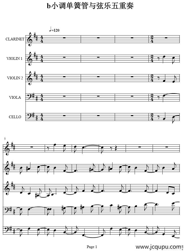 b小调单簧管与弦乐五重奏简谱