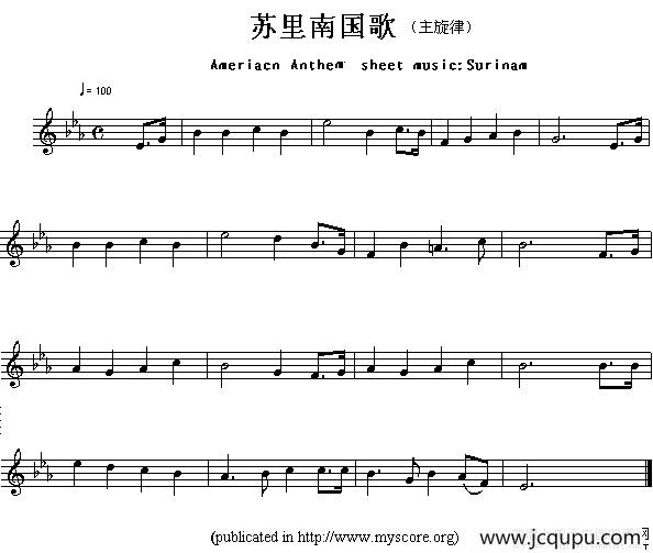 各国国歌主旋律：苏里南（Ameriacn Anthem sheet music:Surinam）简谱