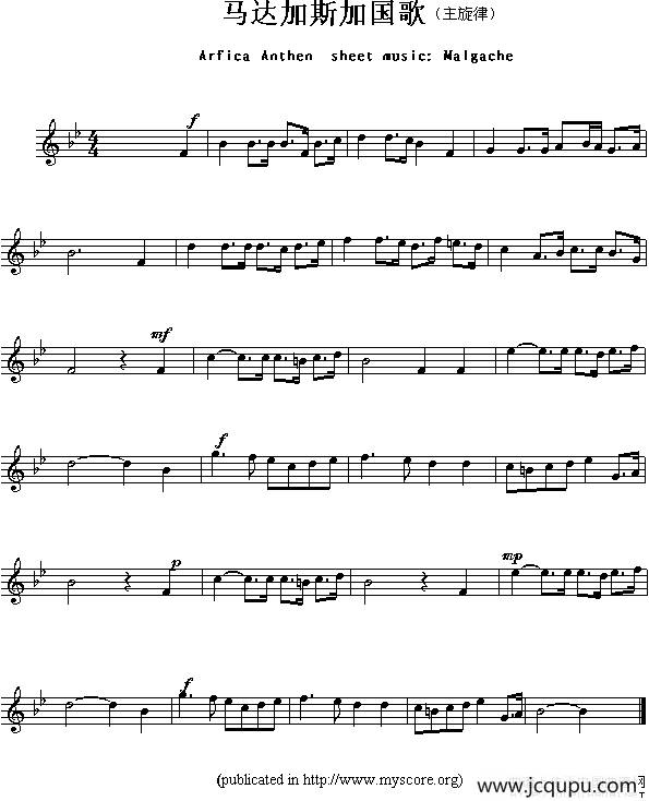 各国国歌主旋律：马达加斯加（Arfica Anthem sheet music:Malgache）简谱