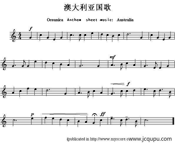 各国国歌主旋律：澳大利亚（Oceanica Anthem shee music:Australia）简谱