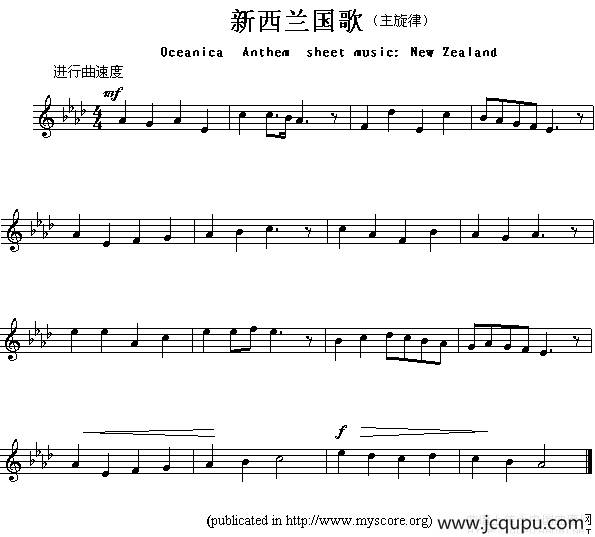 各国国歌主旋律：新西兰（Oceanica Anthem sheet music:New Zeala）简谱