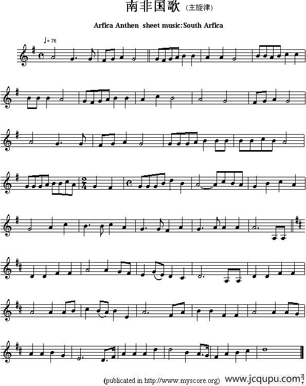 各国国歌主旋律：南非（Arfica Anthem sheet musec:South Arfica）简谱