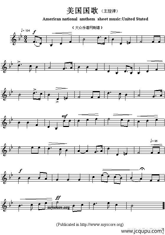 各国国歌主旋律：美国（American national amthem sheet music:U）简谱