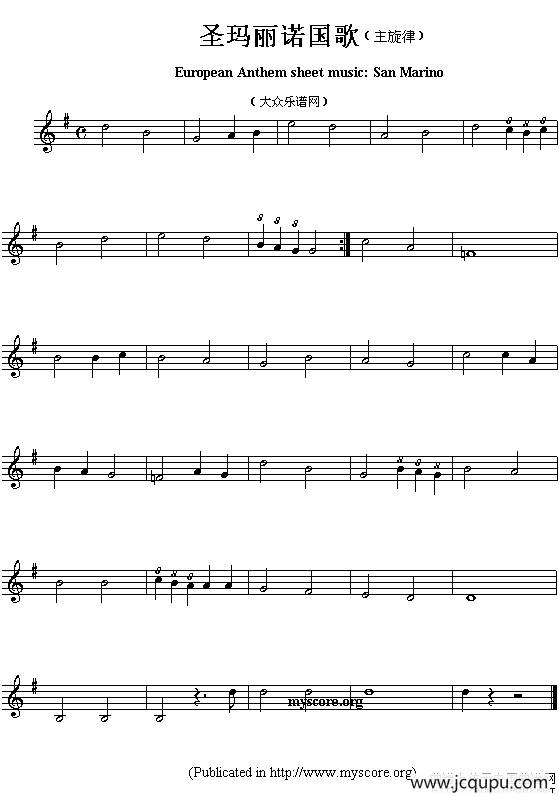 各国国歌主旋律：圣玛丽诺（European Anthem sheet music:San Mari）简谱