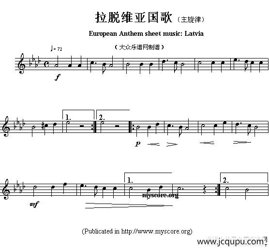 各国国歌主旋律：拉脱维亚（European Anthem sheet music:Latvia）简谱