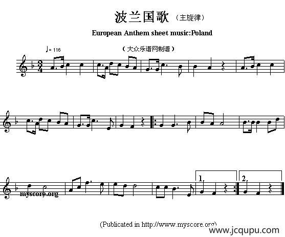 各国国歌主旋律：波兰（European Anthem sheet music:Poland）简谱