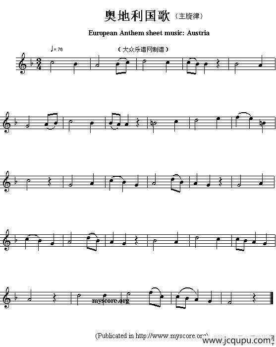 各国国歌主旋律：奥地利（European Anthem sheet music:Austria）简谱