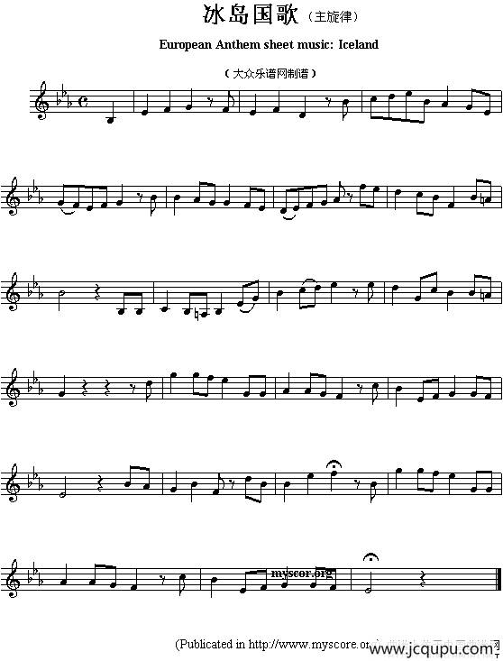 各国国歌主旋律：冰岛（European Anthem sheet music:Iceland）简谱