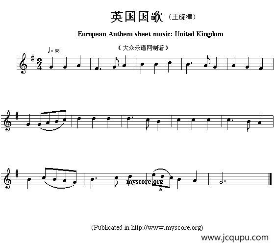 各国国歌主旋律：英国（European Anthem sheet music:United Kin）简谱