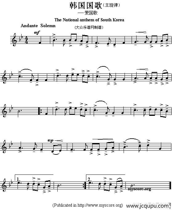 各国国歌主旋律：韩国（The national anthem of Asian countries）简谱