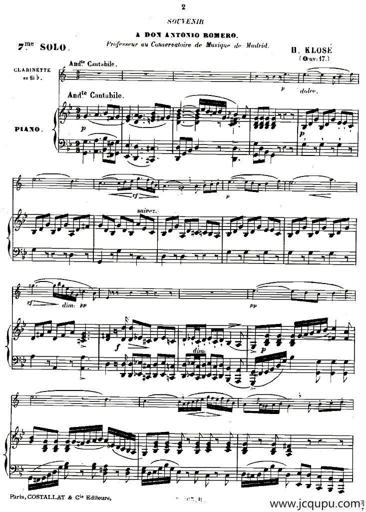 Klose Souvenir a Romero（单簧管+钢琴）简谱
