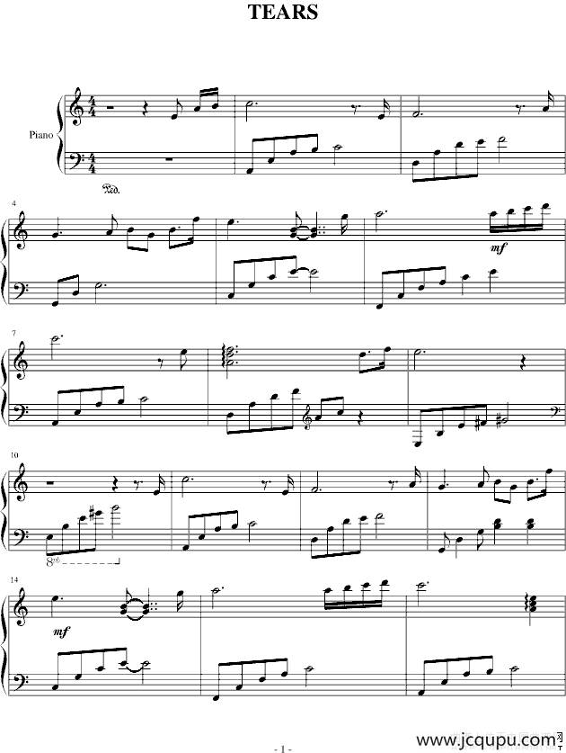 Tears（眼泪）（C调版）简谱