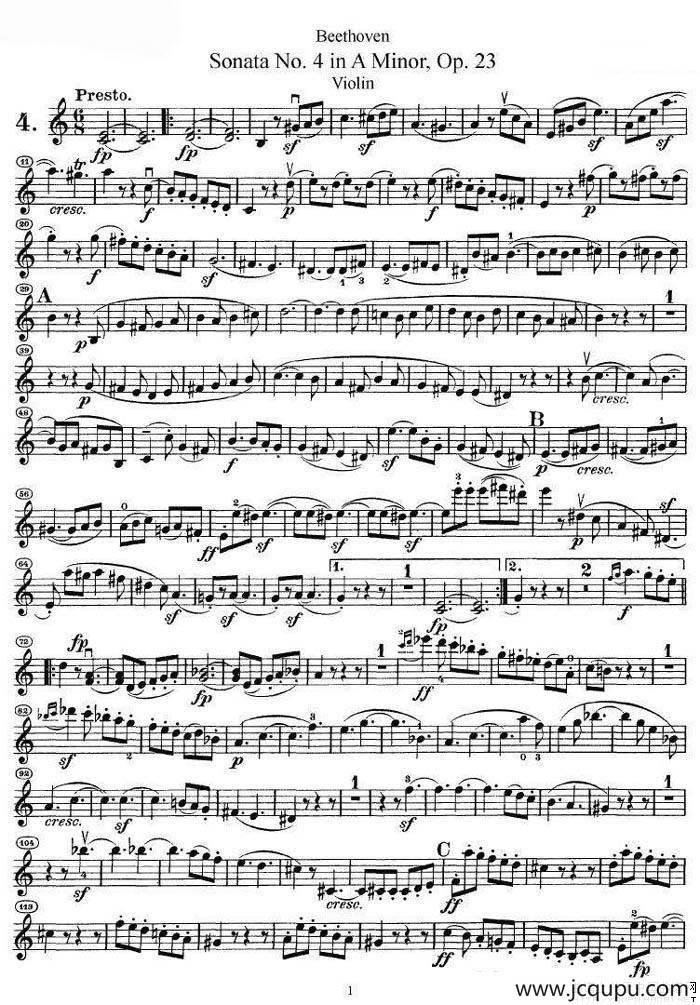 贝多芬第四号小提琴奏鸣曲a小调op.23简谱