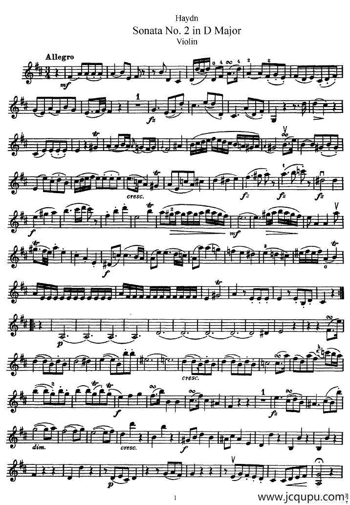 海顿D大调第二小提琴奏鸣曲简谱